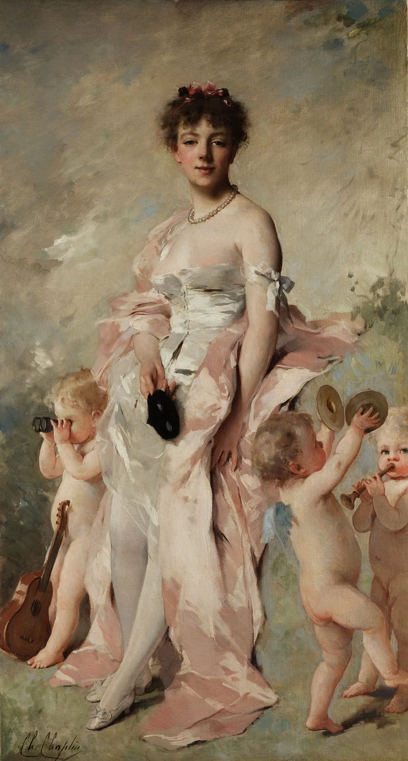 Giovane donna in abito da ballo con putti